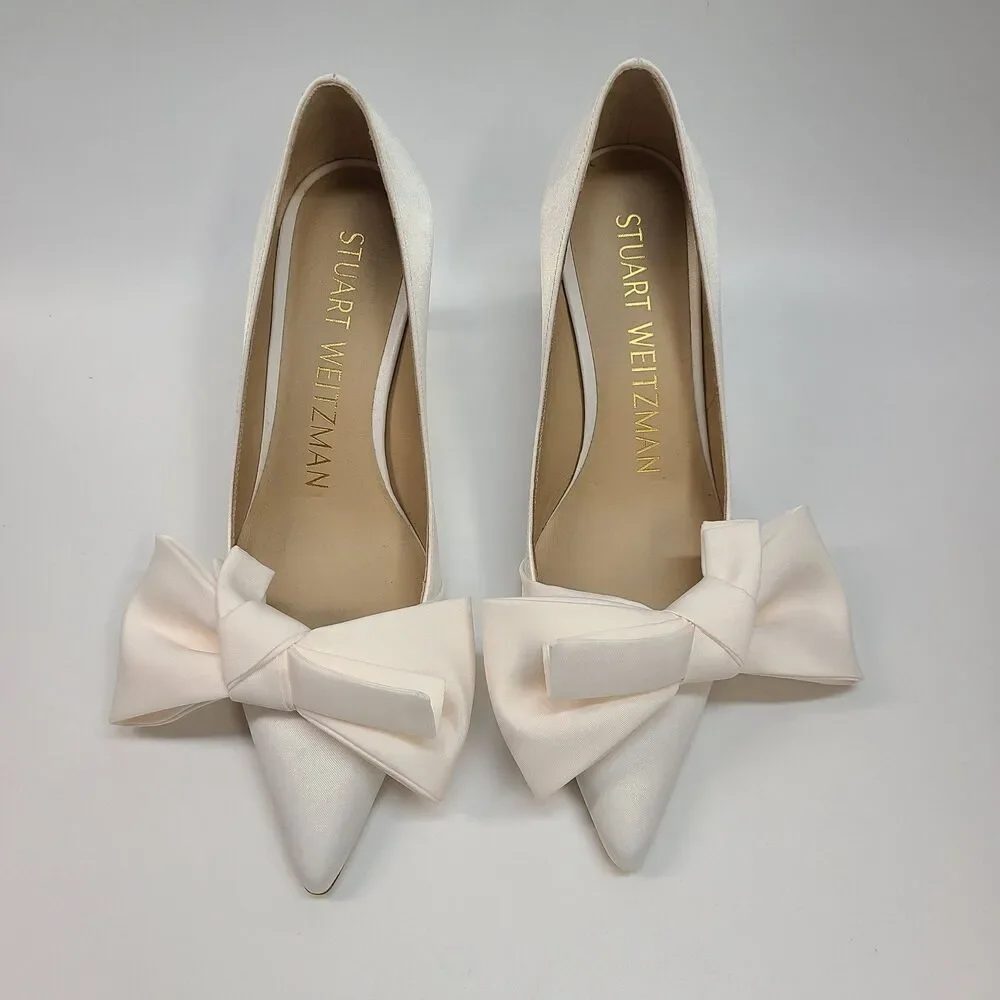 Stuart Weitzman White Satin Bow Pointed Toe Stiletto Pumps Heels Sz 6B Bridal